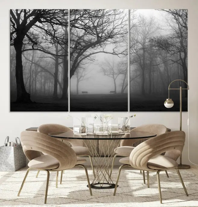 The wall displays the Black and White Foggy Forest Wall Art Canvas Print, carefully gallery wrapped and made from museum-quality pollycotton for an exquisite touch.