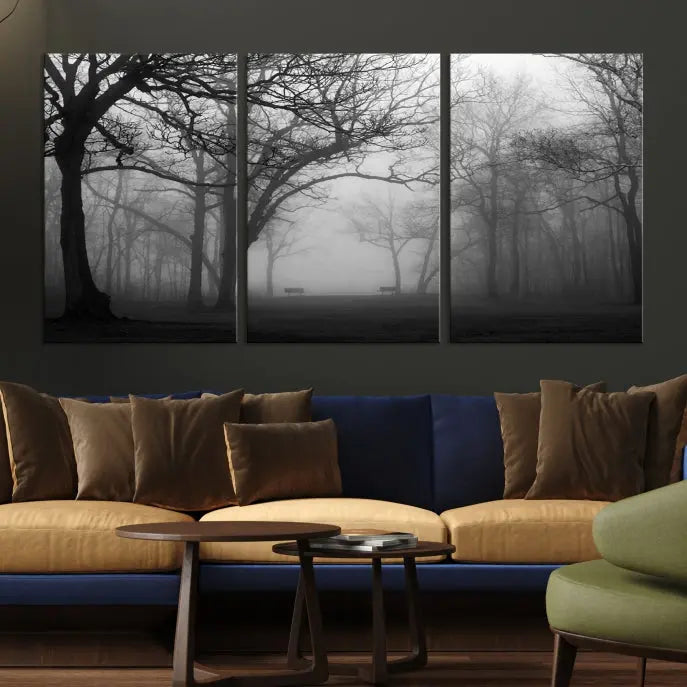 The wall displays the Black and White Foggy Forest Wall Art Canvas Print, carefully gallery wrapped and made from museum-quality pollycotton for an exquisite touch.