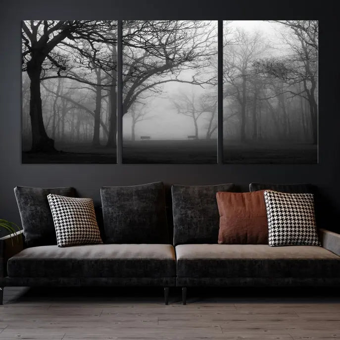 The wall displays the Black and White Foggy Forest Wall Art Canvas Print, carefully gallery wrapped and made from museum-quality pollycotton for an exquisite touch.