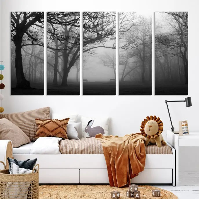 The wall displays the Black and White Foggy Forest Wall Art Canvas Print, carefully gallery wrapped and made from museum-quality pollycotton for an exquisite touch.