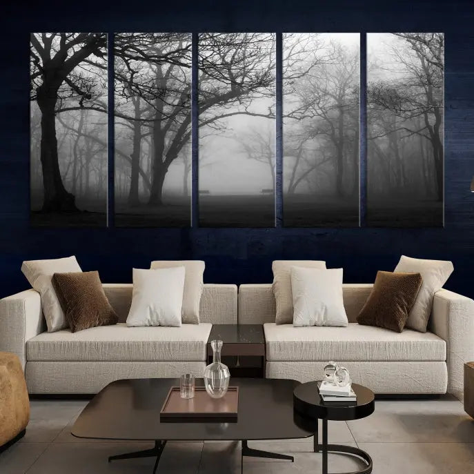 The wall displays the Black and White Foggy Forest Wall Art Canvas Print, carefully gallery wrapped and made from museum-quality pollycotton for an exquisite touch.