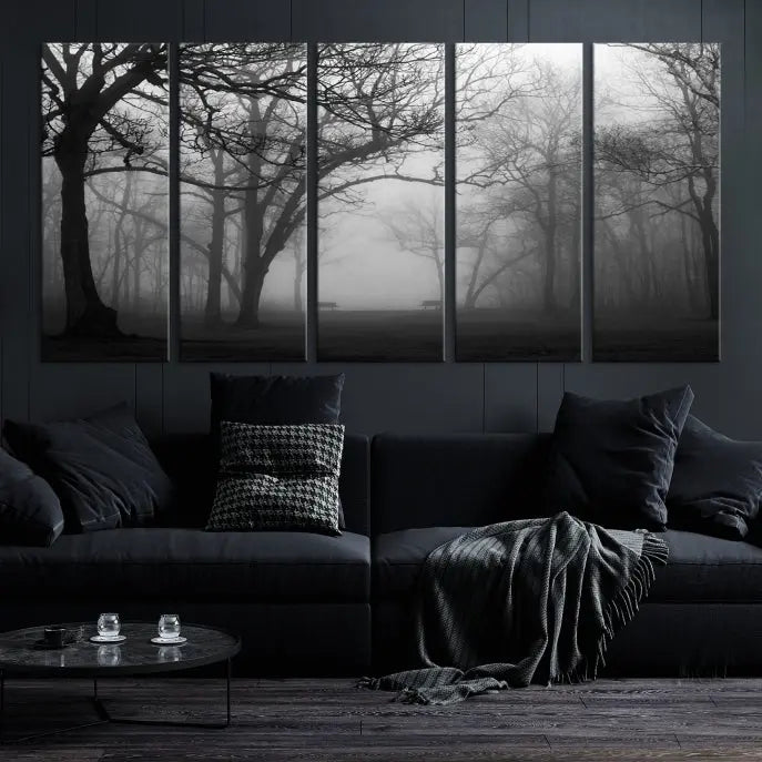 The wall displays the Black and White Foggy Forest Wall Art Canvas Print, carefully gallery wrapped and made from museum-quality pollycotton for an exquisite touch.