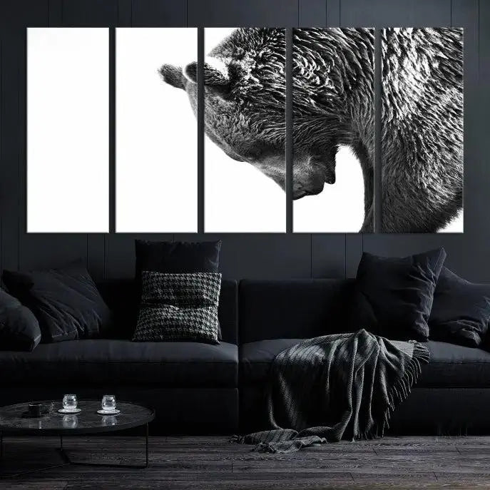 A black and white triptych from the "Black and White Grizzly 399 Bear Canvas Print Wall Art" collection decorates the dark wall.