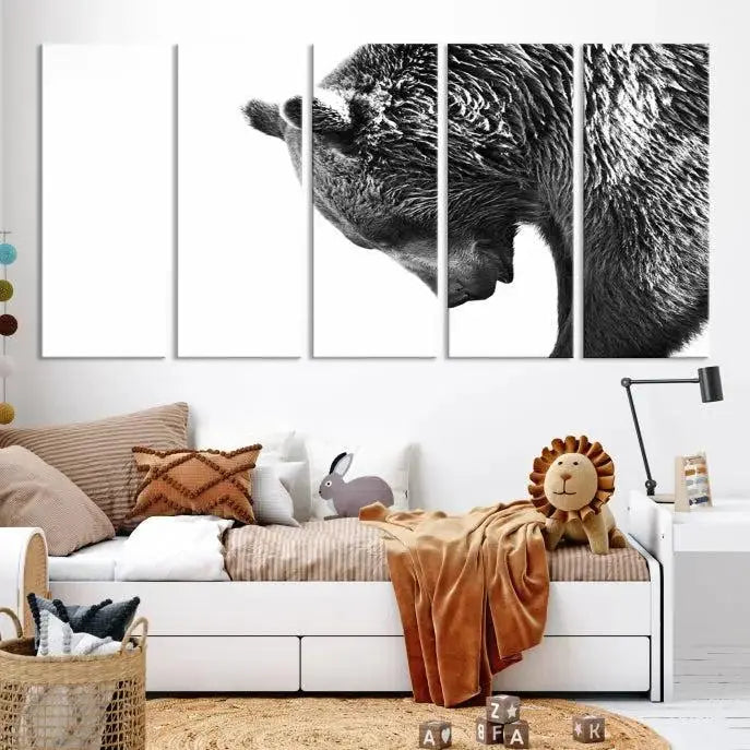 A black and white triptych from the "Black and White Grizzly 399 Bear Canvas Print Wall Art" collection decorates the dark wall.