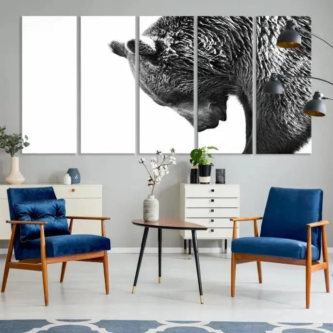 A black and white triptych from the "Black and White Grizzly 399 Bear Canvas Print Wall Art" collection decorates the dark wall.