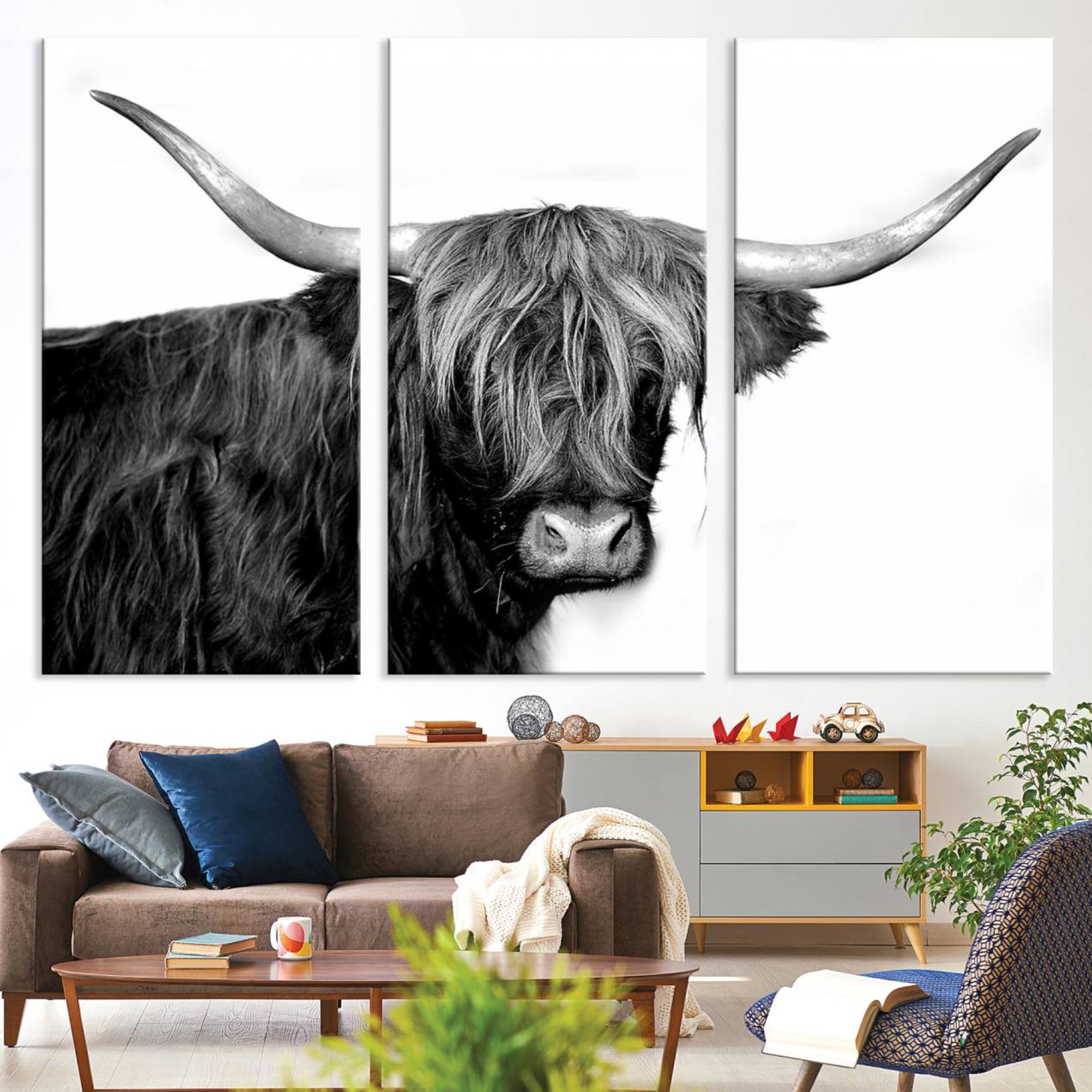 31170-MGV-CV-36X24-Black and White Highland Cow Multi Panel Wall Art Canvas, Black and White Highland Cow Canvas Print