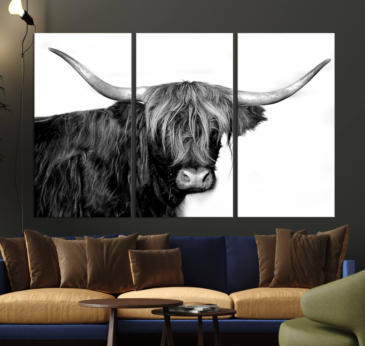 31170-MGV-CV-36X24-Black and White Highland Cow Multi Panel Wall Art Canvas, Black and White Highland Cow Canvas Print