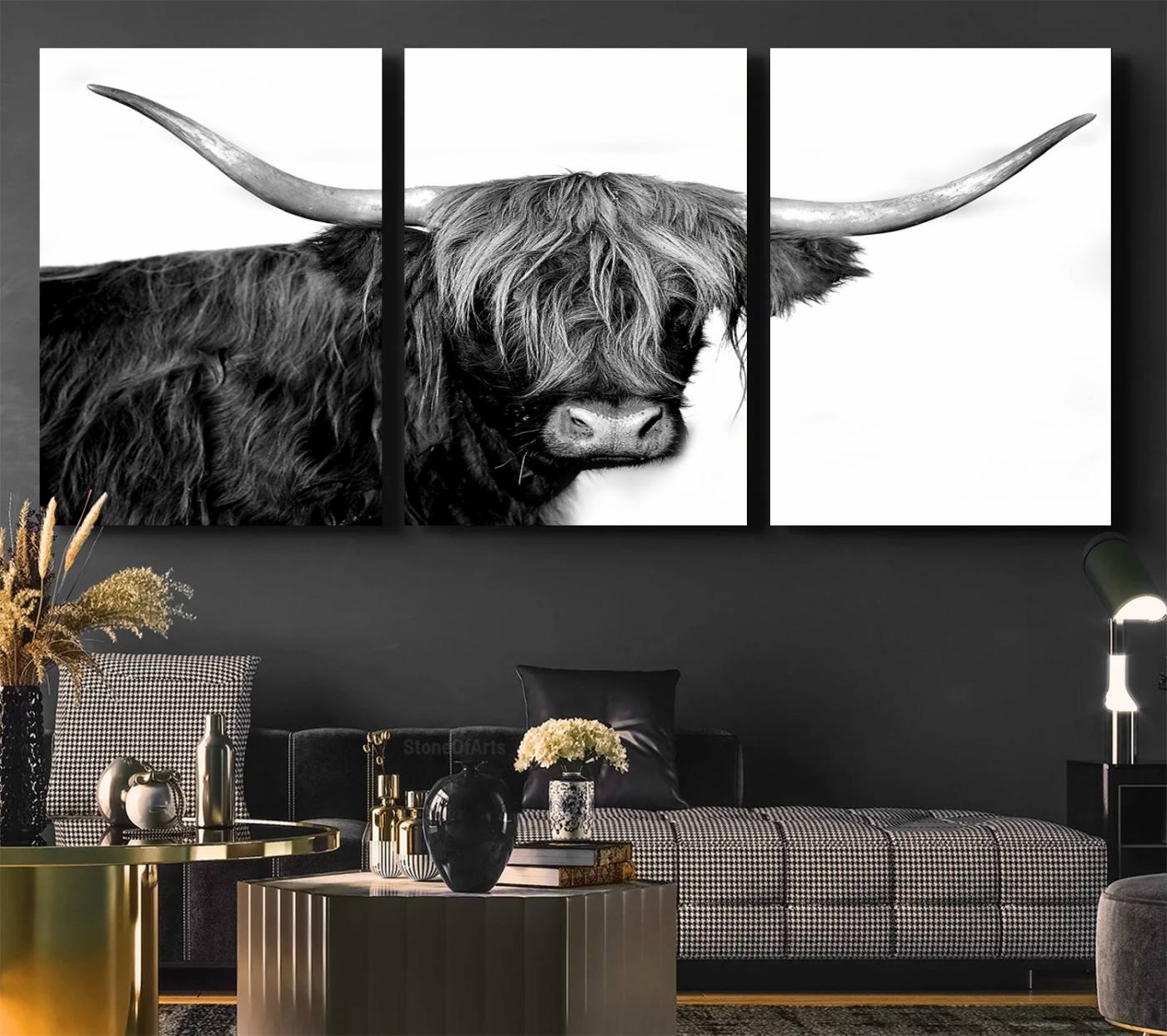 31170-MGV-CV-36X24-Black and White Highland Cow Multi Panel Wall Art Canvas, Black and White Highland Cow Canvas Print
