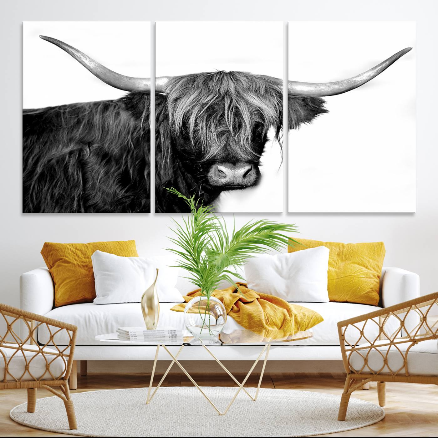 31170-MGV-CV-36X24-Black and White Highland Cow Multi Panel Wall Art Canvas, Black and White Highland Cow Canvas Print