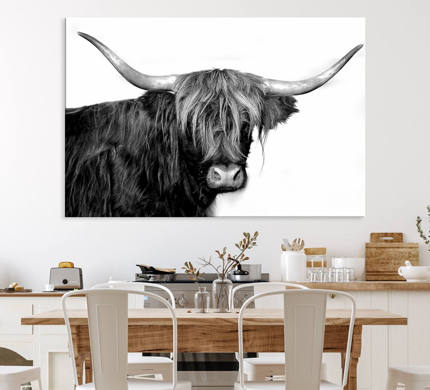 31170-MGV-CV-36X24-Black and White Highland Cow Multi Panel Wall Art Canvas, Black and White Highland Cow Canvas Print