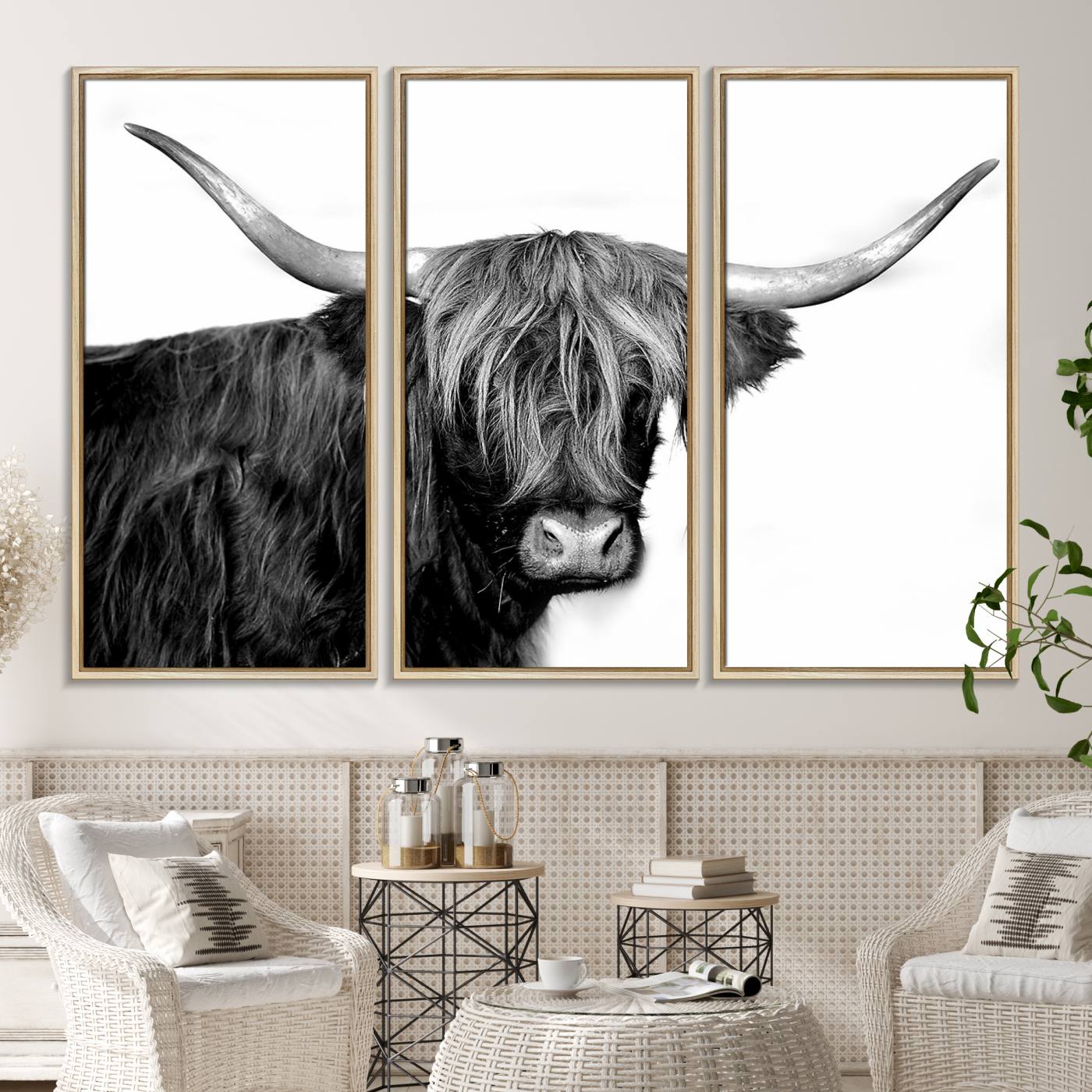 31170-MGV-CV-36X24-Black and White Highland Cow Multi Panel Wall Art Canvas, Black and White Highland Cow Canvas Print