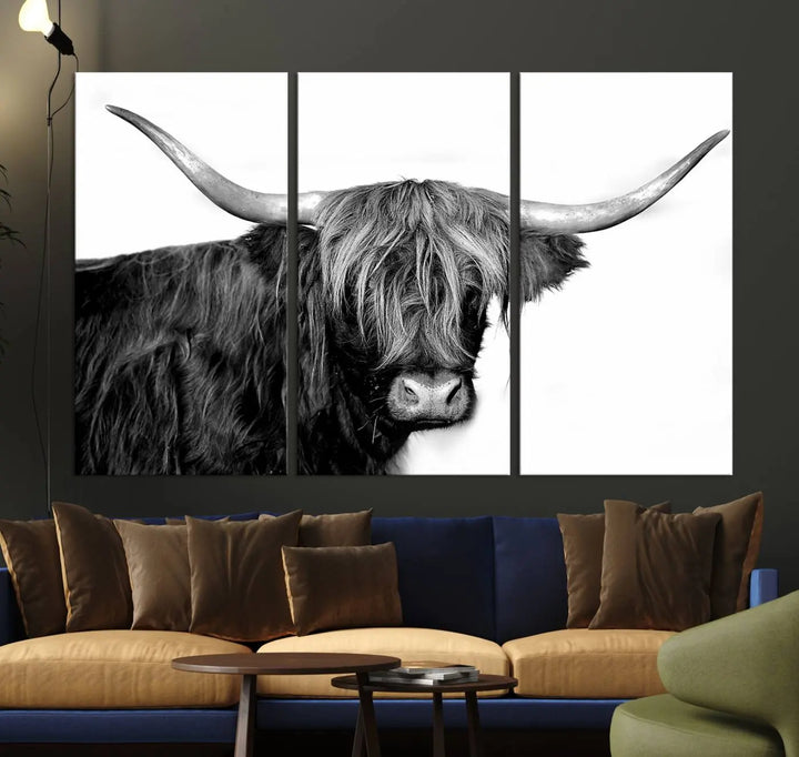 A Black and White Highland Cow Multi Panel Wall Art Canvas Print with UV-protective coating is displayed.