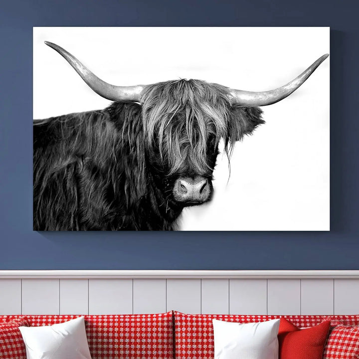 A Black and White Highland Cow Multi Panel Wall Art Canvas Print with UV-protective coating is displayed.