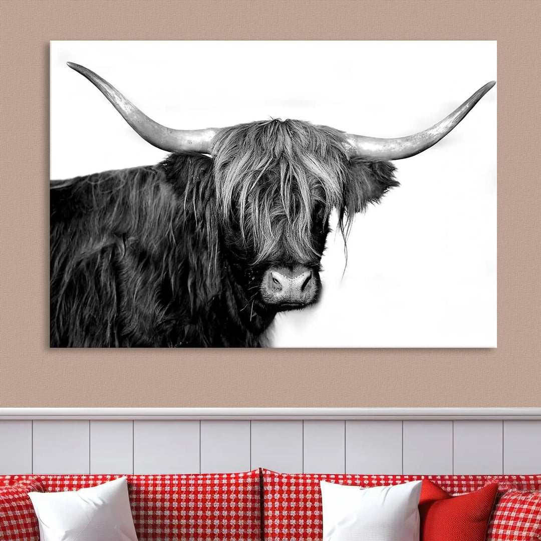 A Black and White Highland Cow Multi Panel Wall Art Canvas Print with UV-protective coating is displayed.