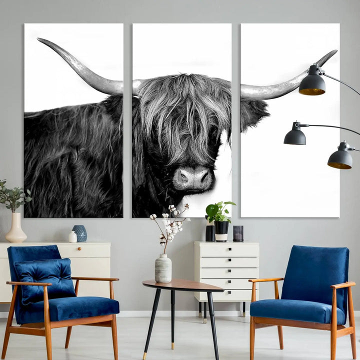 A Black and White Highland Cow Multi Panel Wall Art Canvas Print with UV-protective coating is displayed.