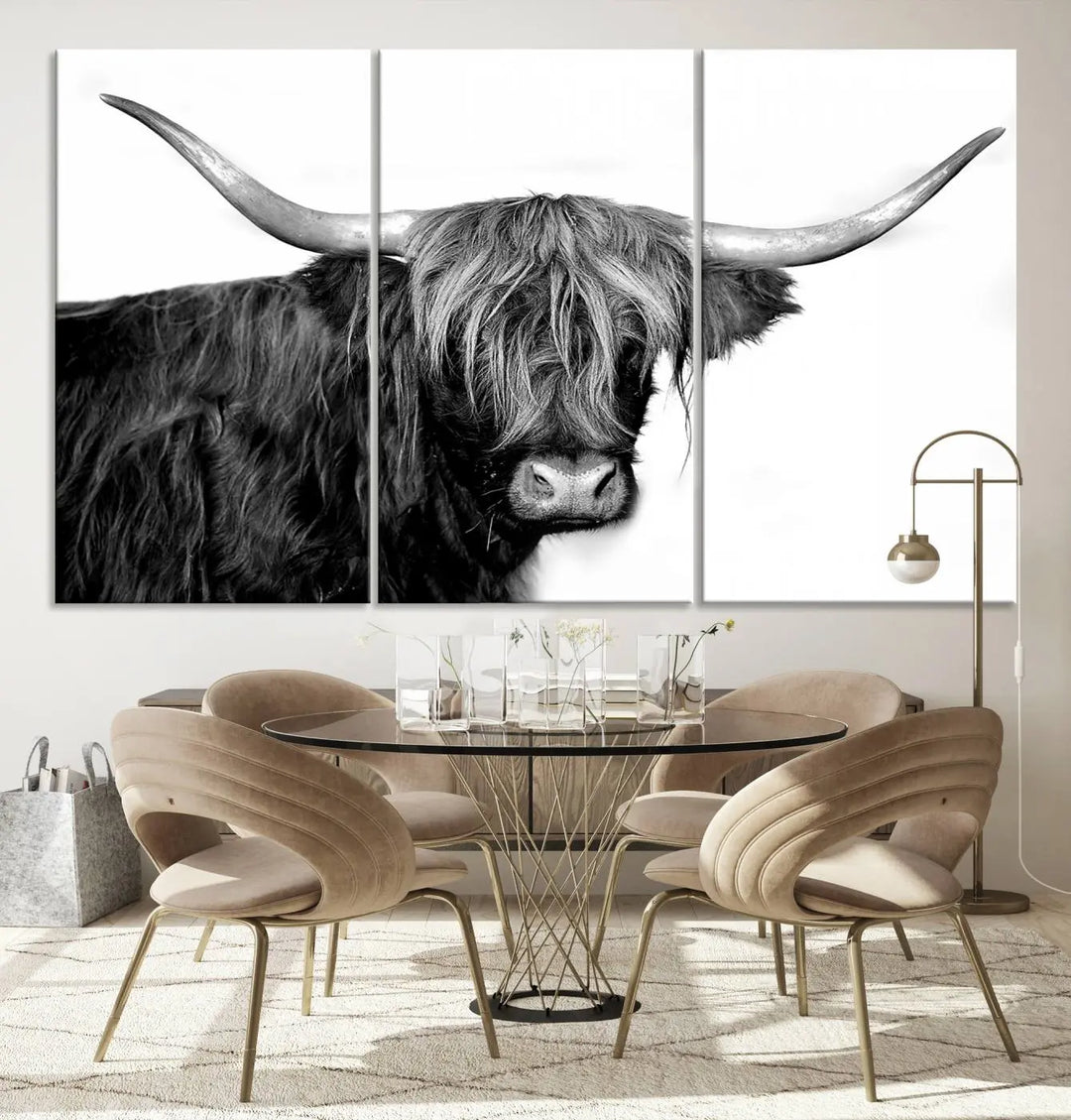 A Black and White Highland Cow Multi Panel Wall Art Canvas Print with UV-protective coating is displayed.