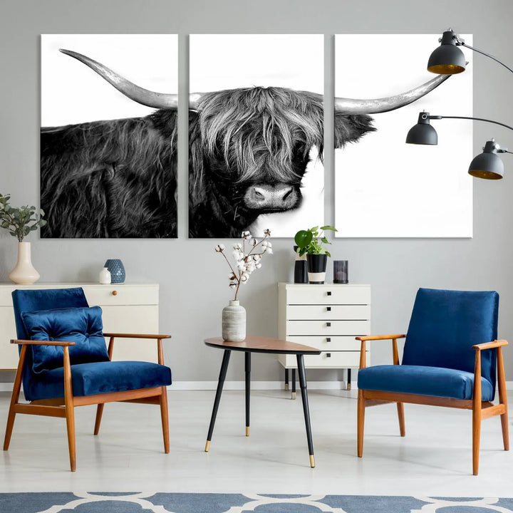 A Black and White Highland Cow Multi Panel Wall Art Canvas Print with UV-protective coating is displayed.