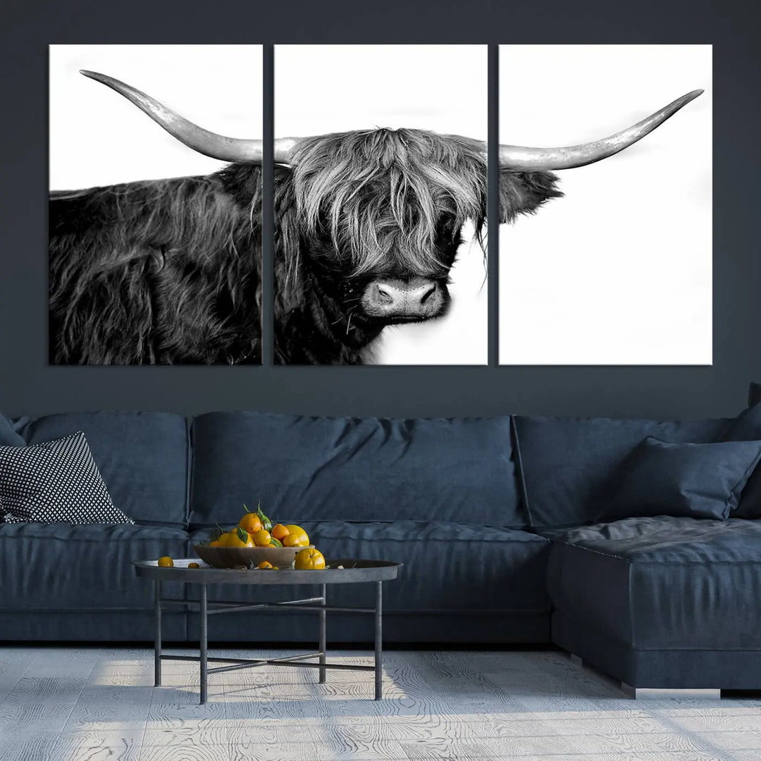 A Black and White Highland Cow Multi Panel Wall Art Canvas Print with UV-protective coating is displayed.