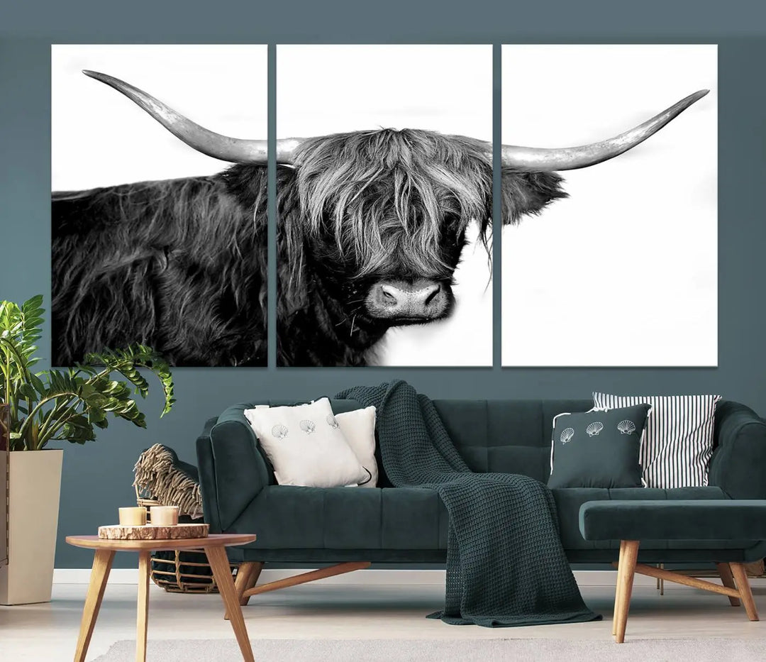 A Black and White Highland Cow Multi Panel Wall Art Canvas Print with UV-protective coating is displayed.