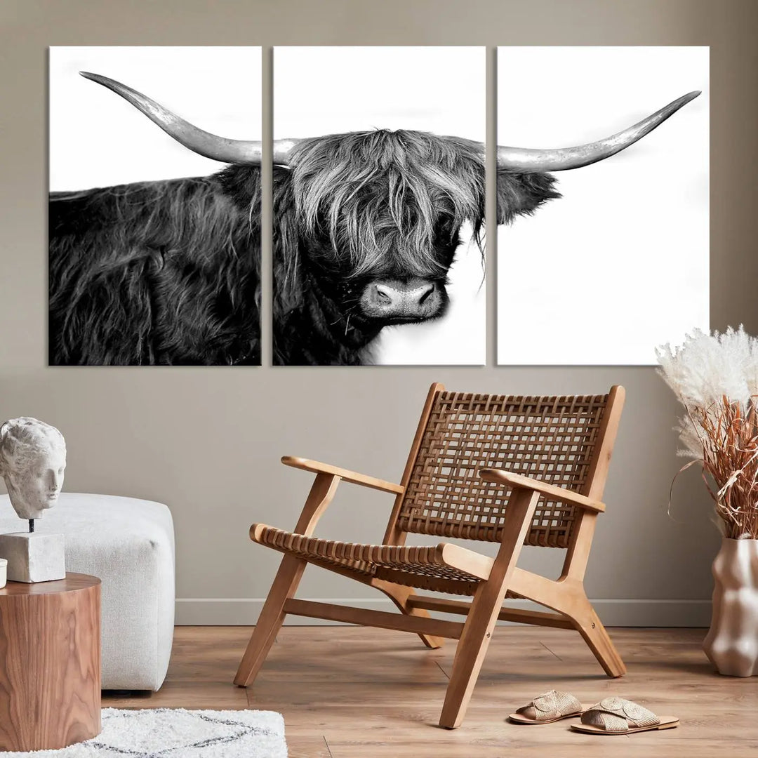 A Black and White Highland Cow Multi Panel Wall Art Canvas Print with UV-protective coating is displayed.