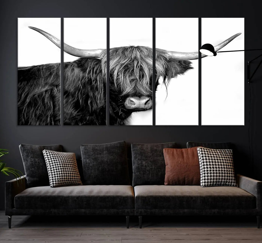 A Black and White Highland Cow Multi Panel Wall Art Canvas Print with UV-protective coating is displayed.