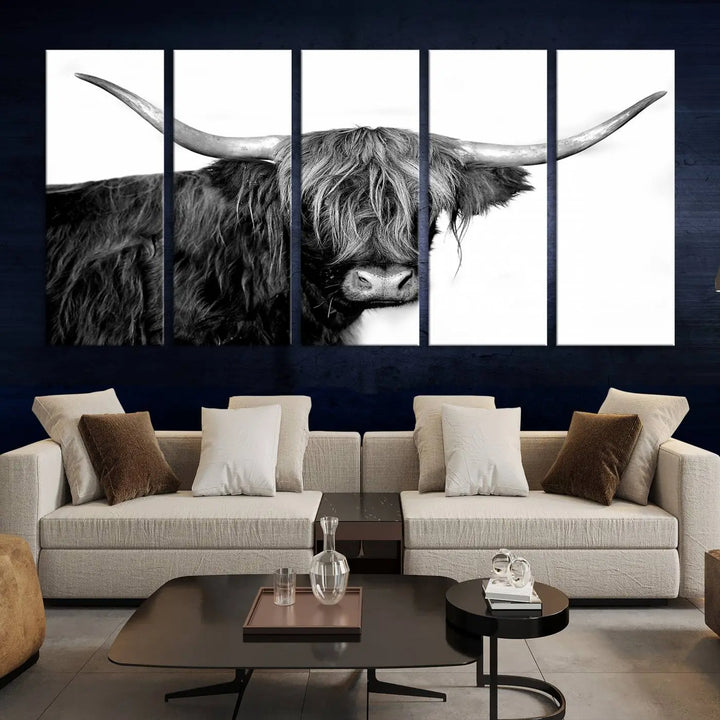 A Black and White Highland Cow Multi Panel Wall Art Canvas Print with UV-protective coating is displayed.