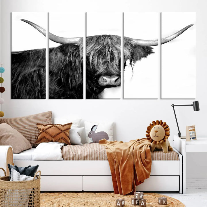 A Black and White Highland Cow Multi Panel Wall Art Canvas Print with UV-protective coating is displayed.