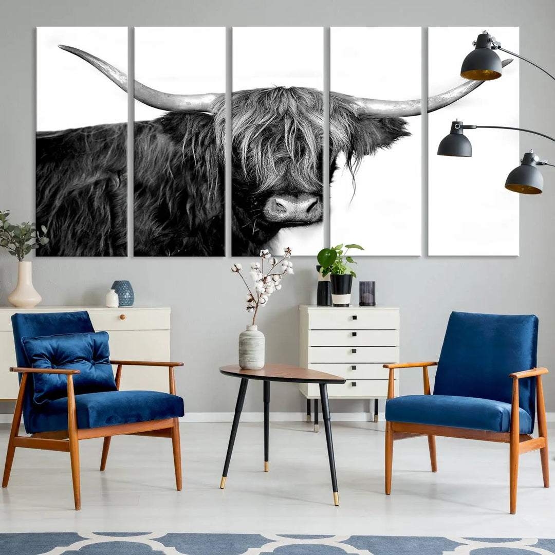 A Black and White Highland Cow Multi Panel Wall Art Canvas Print with UV-protective coating is displayed.