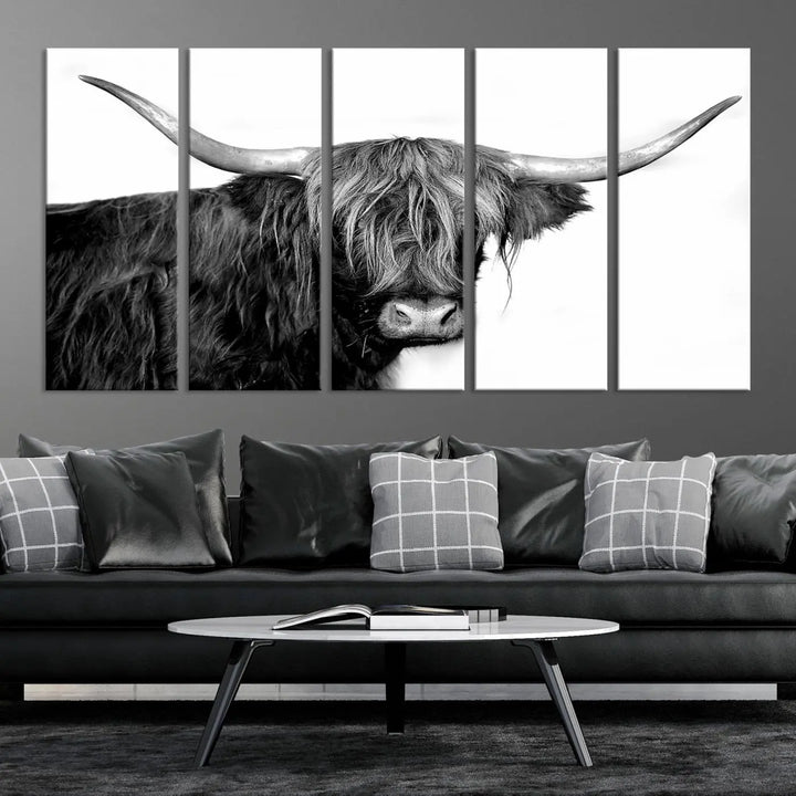 A Black and White Highland Cow Multi Panel Wall Art Canvas Print with UV-protective coating is displayed.