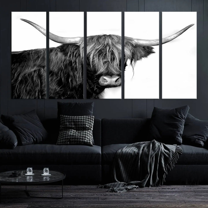 A Black and White Highland Cow Multi Panel Wall Art Canvas Print with UV-protective coating is displayed.