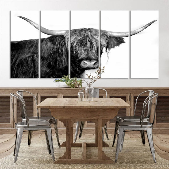 A Black and White Highland Cow Multi Panel Wall Art Canvas Print with UV-protective coating is displayed.