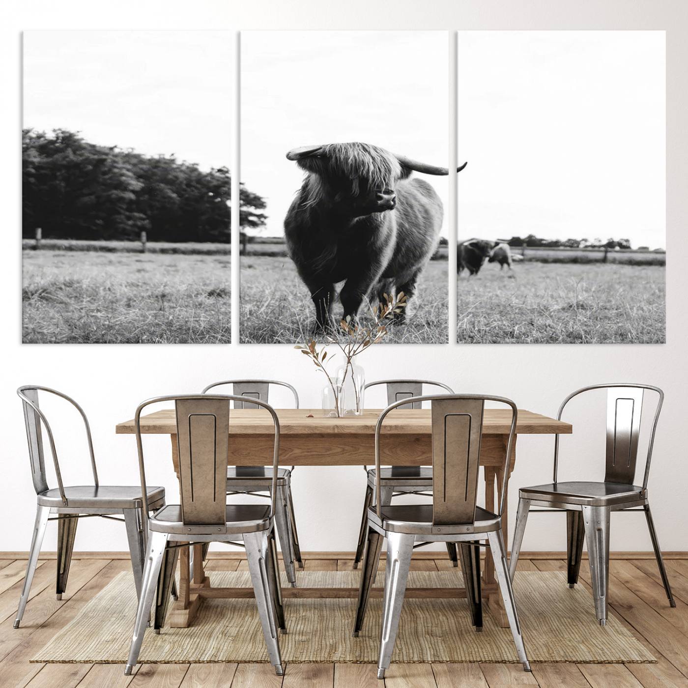 94074-MGV-CV-36X24-Black and White Highland Cow Wall Art Canvas Print | Rustic Western Decor for Living Room or Office, Framed Gallery Wrapped