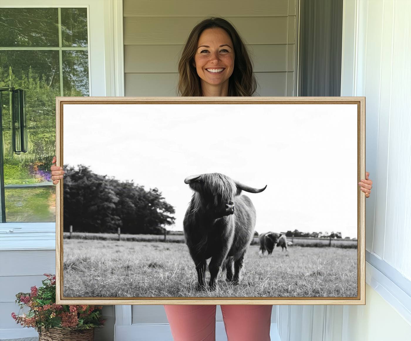 94074-MGV-CV-36X24-Black and White Highland Cow Wall Art Canvas Print | Rustic Western Decor for Living Room or Office, Framed Gallery Wrapped
