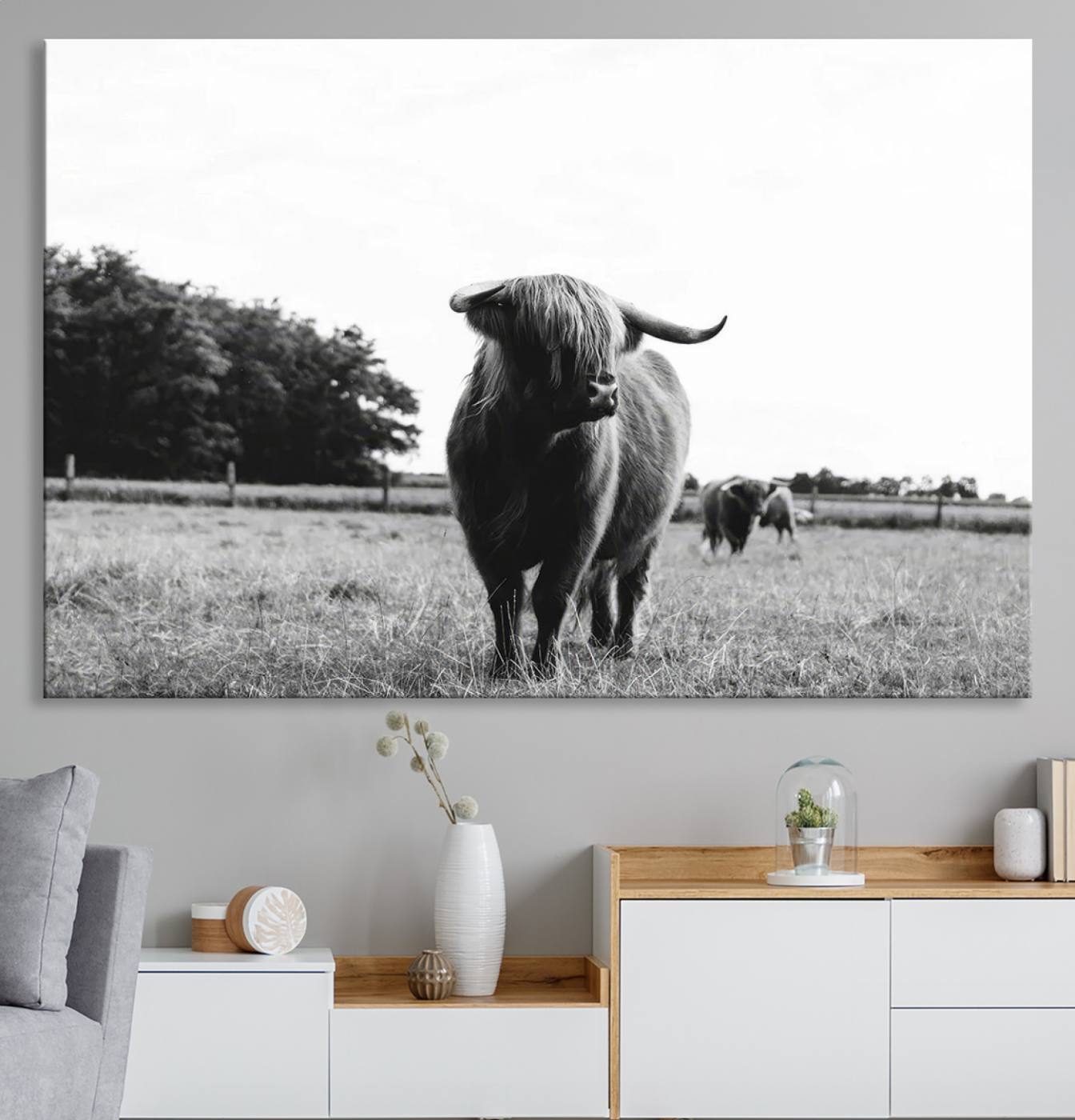 94074-MGV-CV-36X24-Black and White Highland Cow Wall Art Canvas Print | Rustic Western Decor for Living Room or Office, Framed Gallery Wrapped