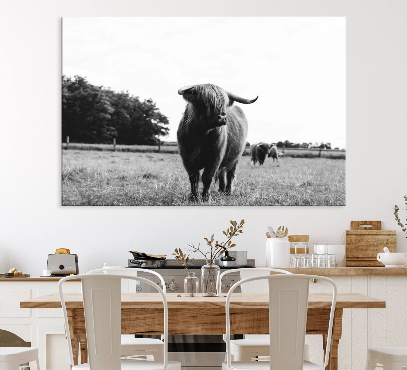 94074-MGV-CV-36X24-Black and White Highland Cow Wall Art Canvas Print | Rustic Western Decor for Living Room or Office, Framed Gallery Wrapped