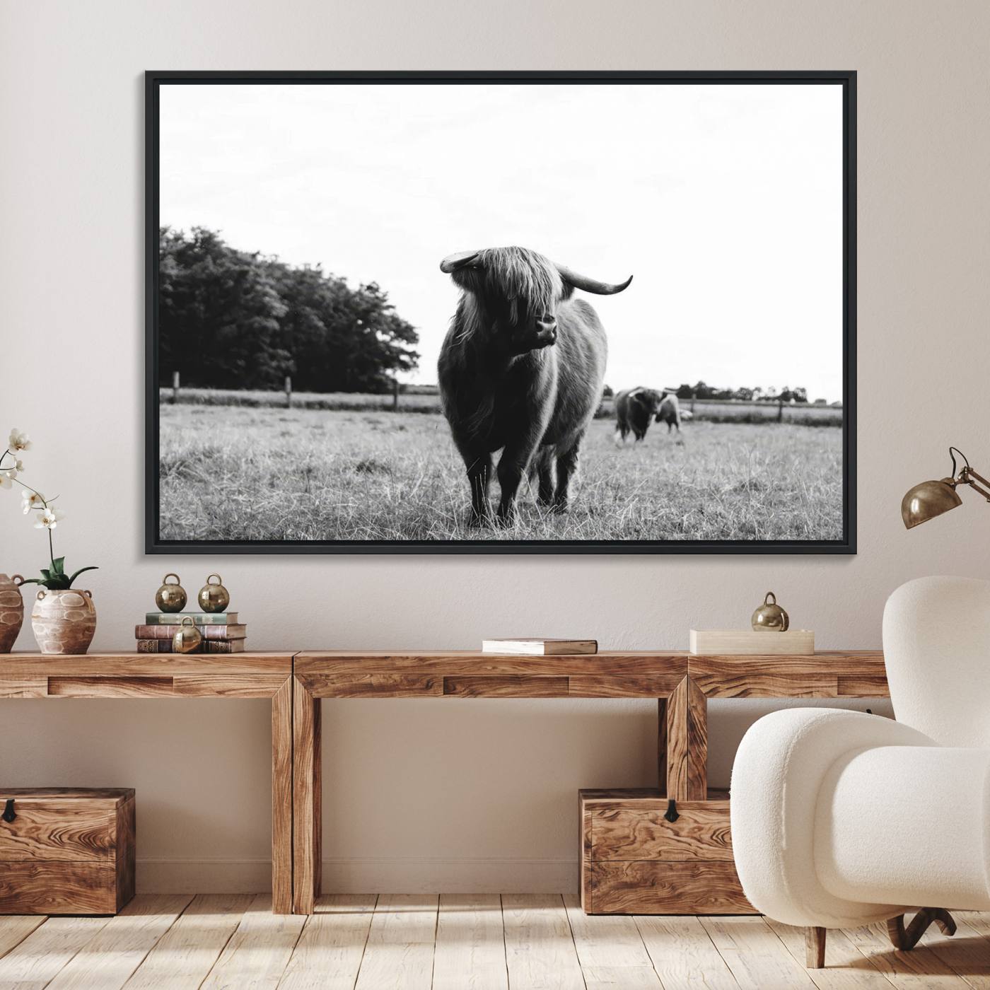 94074-MGV-FC-36X24_Black-Black and White Highland Cow Wall Art Canvas Print | Rustic Western Decor for Living Room or Office, Framed Gallery Wrapped