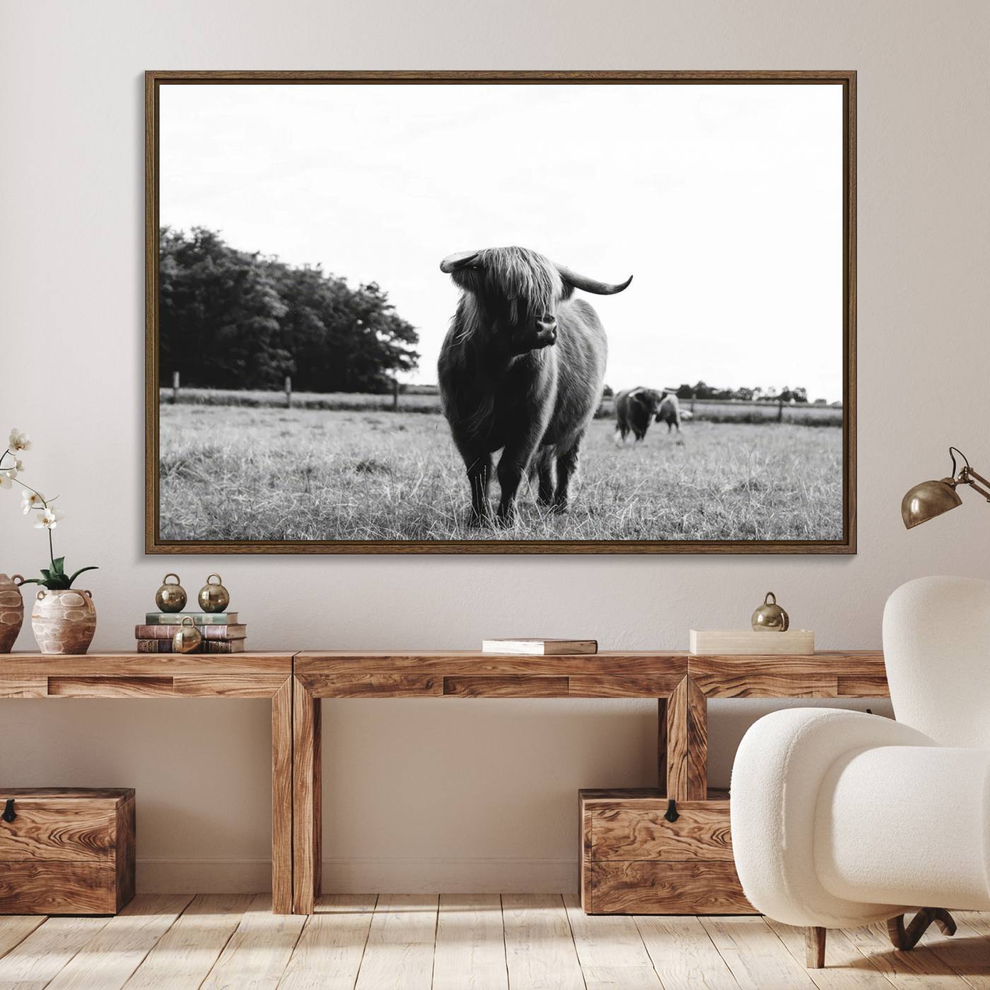 94074-MGV-FC-36X24_Walnut-Black and White Highland Cow Wall Art Canvas Print | Rustic Western Decor for Living Room or Office, Framed Gallery Wrapped