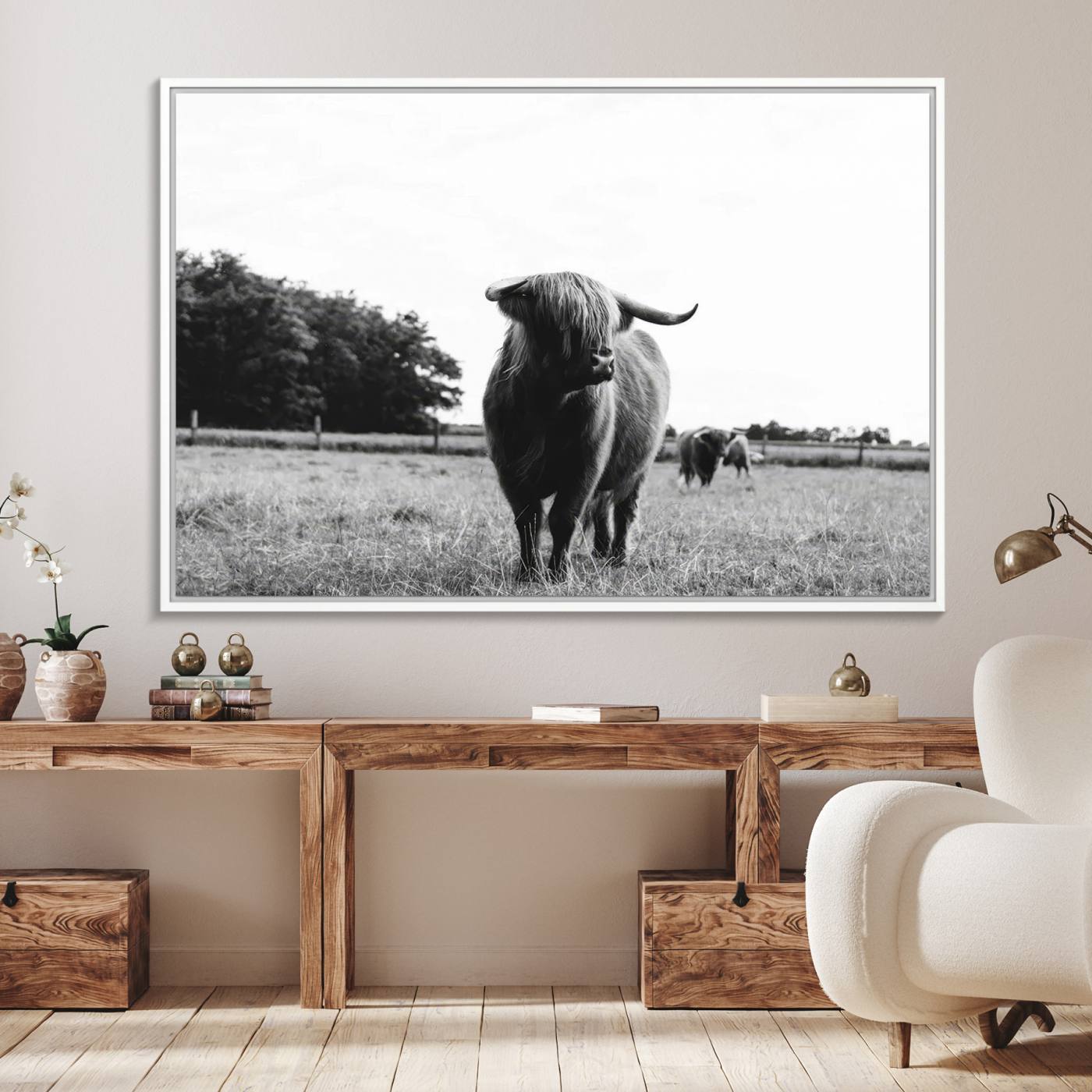 94074-MGV-FC-36X24_White-Black and White Highland Cow Wall Art Canvas Print | Rustic Western Decor for Living Room or Office, Framed Gallery Wrapped