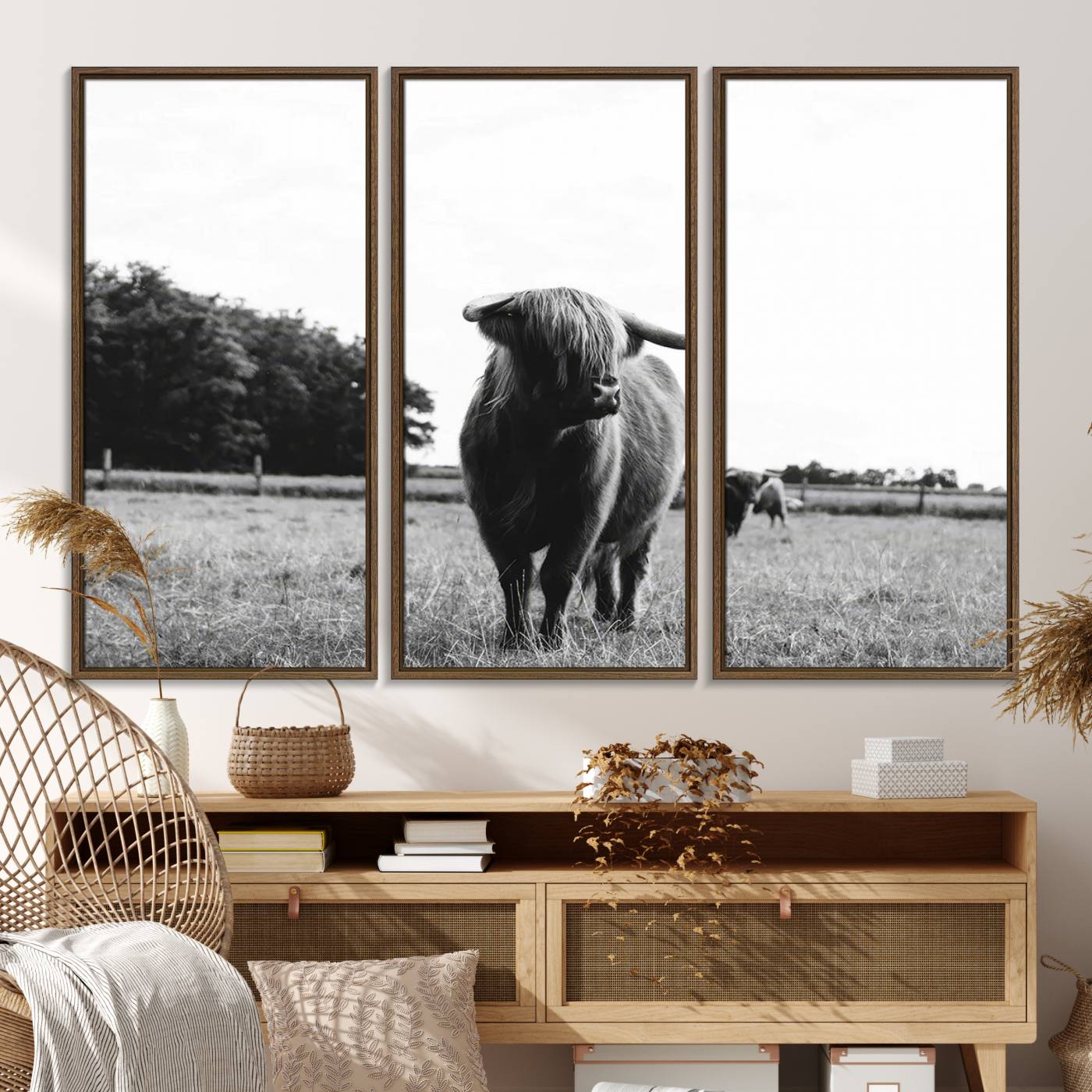 94074-MGV-FC-48X32-3P_Walnut-Black and White Highland Cow Wall Art Canvas Print | Rustic Western Decor for Living Room or Office, Framed Gallery Wrapped