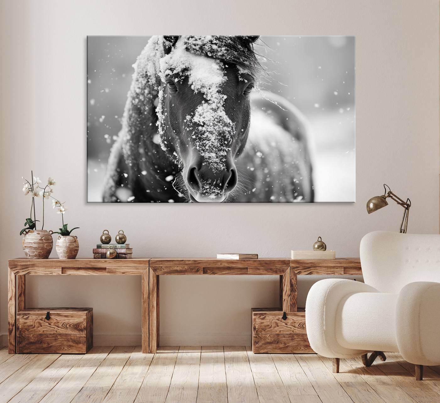 72248-MGV-CV-36X24-Black and White Horse Winter Wall Art | Ready to Hang and Framed | Farmhouse Wall Decor | Western Wall Decor for Living Room