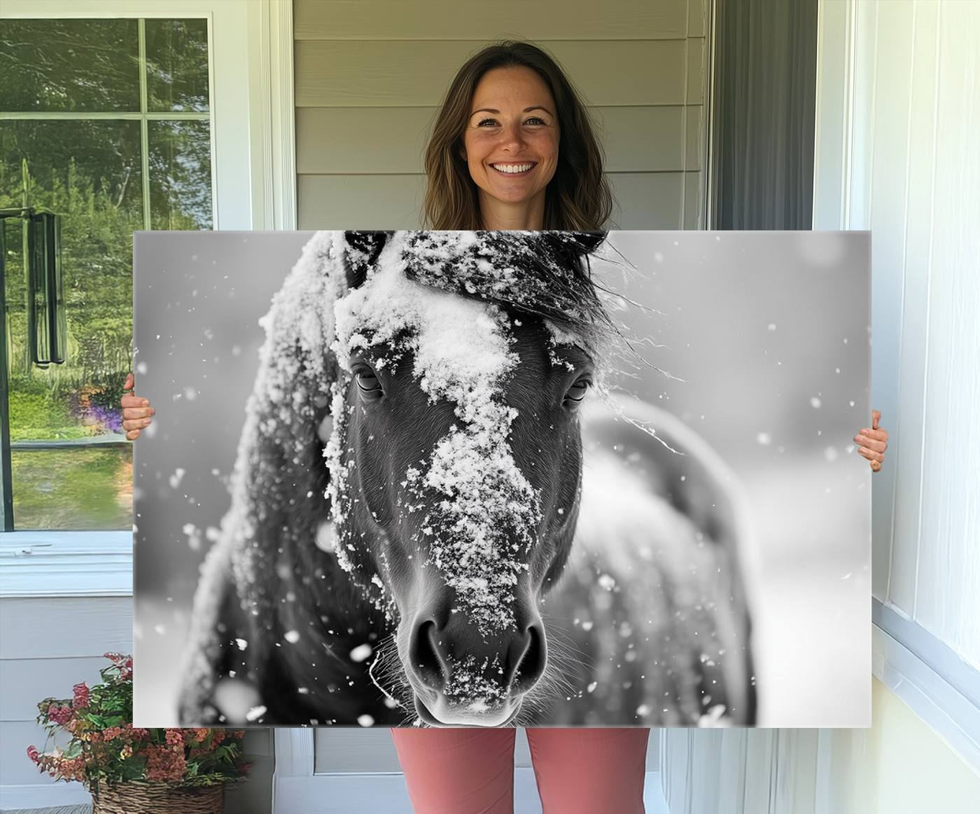 72248-MGV-CV-36X24-Black and White Horse Winter Wall Art | Ready to Hang and Framed | Farmhouse Wall Decor | Western Wall Decor for Living Room