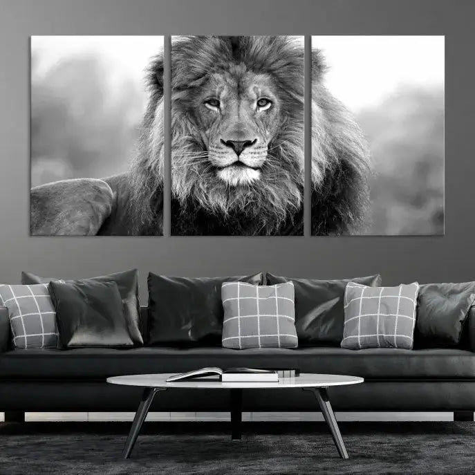 The contemporary living room features the Black and White Lion Canvas Wall Art Animal Print, which brings sophistication to the wall. Its museum-quality canvas and UV-protective coating ensure its lasting vibrancy.