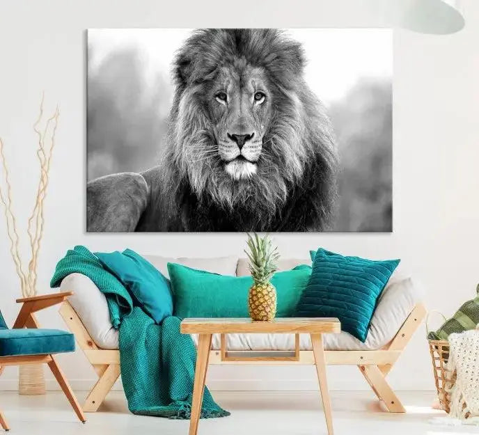 The contemporary living room features the Black and White Lion Canvas Wall Art Animal Print, which brings sophistication to the wall. Its museum-quality canvas and UV-protective coating ensure its lasting vibrancy.