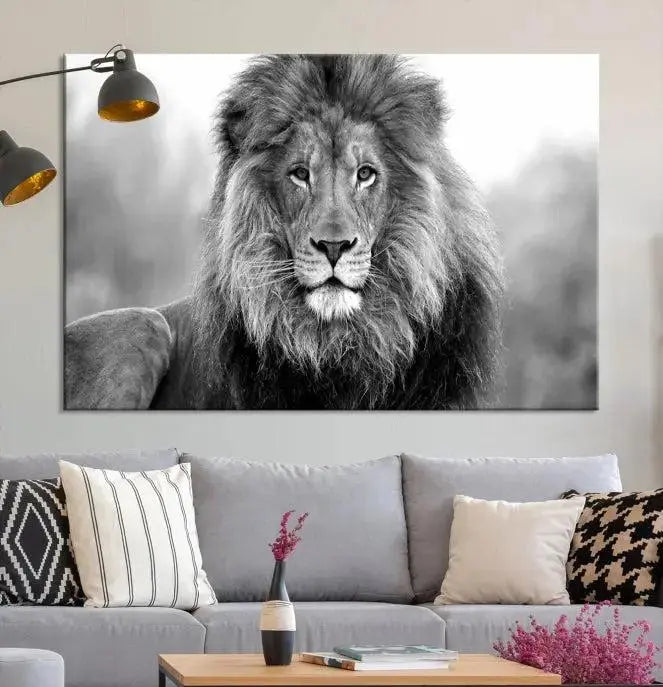 The contemporary living room features the Black and White Lion Canvas Wall Art Animal Print, which brings sophistication to the wall. Its museum-quality canvas and UV-protective coating ensure its lasting vibrancy.