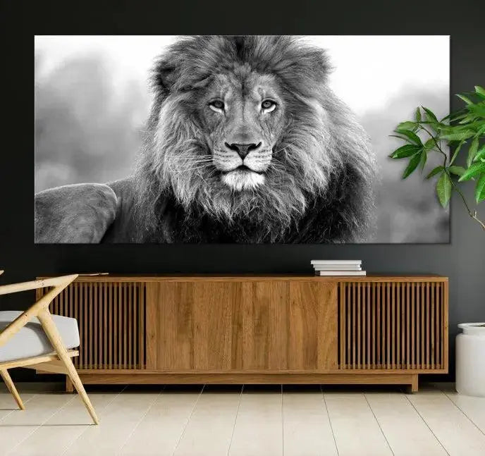 The contemporary living room features the Black and White Lion Canvas Wall Art Animal Print, which brings sophistication to the wall. Its museum-quality canvas and UV-protective coating ensure its lasting vibrancy.