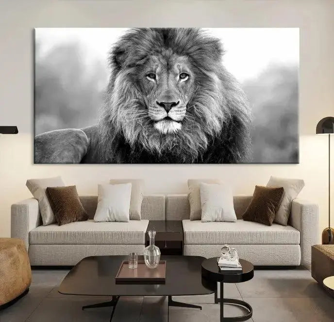 The contemporary living room features the Black and White Lion Canvas Wall Art Animal Print, which brings sophistication to the wall. Its museum-quality canvas and UV-protective coating ensure its lasting vibrancy.