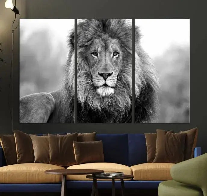 The contemporary living room features the Black and White Lion Canvas Wall Art Animal Print, which brings sophistication to the wall. Its museum-quality canvas and UV-protective coating ensure its lasting vibrancy.