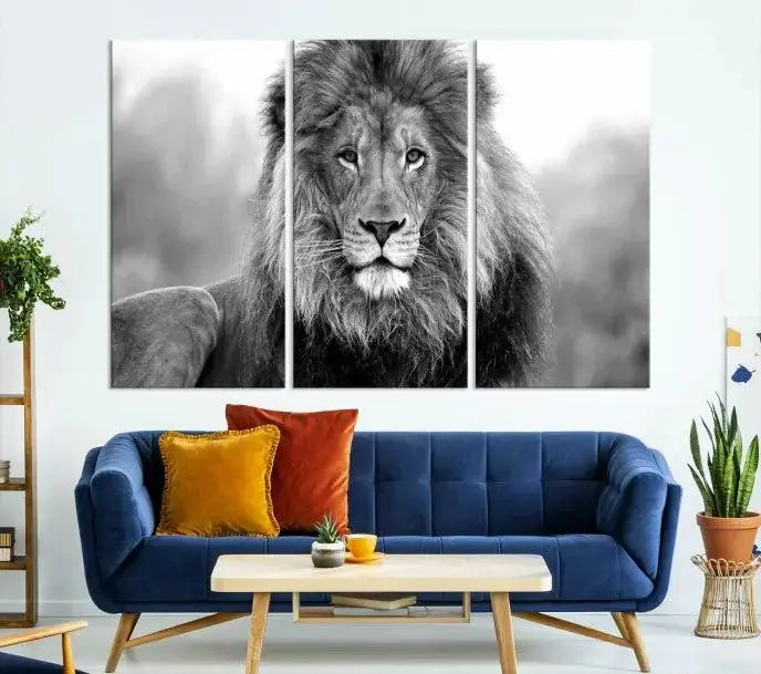 The contemporary living room features the Black and White Lion Canvas Wall Art Animal Print, which brings sophistication to the wall. Its museum-quality canvas and UV-protective coating ensure its lasting vibrancy.