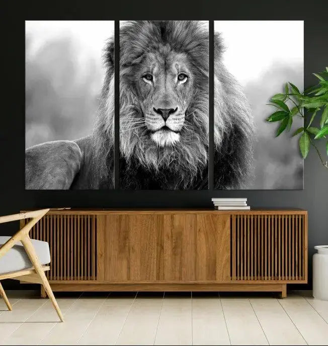 The contemporary living room features the Black and White Lion Canvas Wall Art Animal Print, which brings sophistication to the wall. Its museum-quality canvas and UV-protective coating ensure its lasting vibrancy.