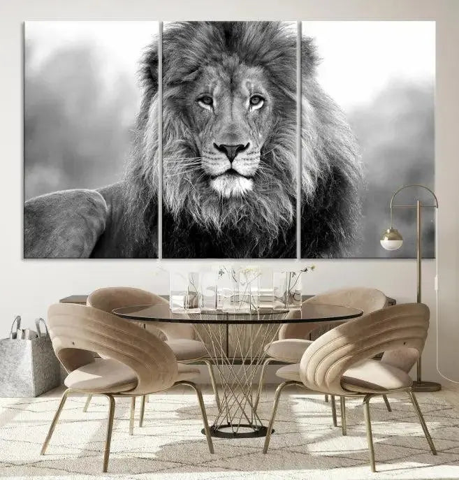 The contemporary living room features the Black and White Lion Canvas Wall Art Animal Print, which brings sophistication to the wall. Its museum-quality canvas and UV-protective coating ensure its lasting vibrancy.